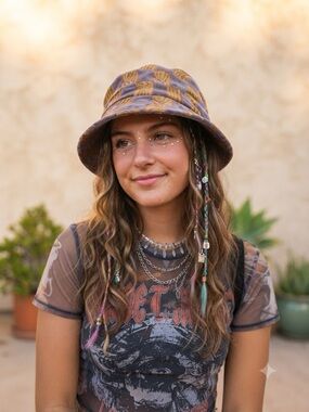 Y2K Velvet Small Purple & Brown Check Bucket Hat Whimsygoth Fairycore Goblincore